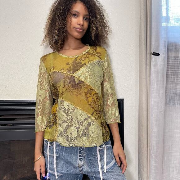 Italian Vintage 00s boho green floral sheer mesh & lace blouse (M) fairy grunge - Picture 4 of 9